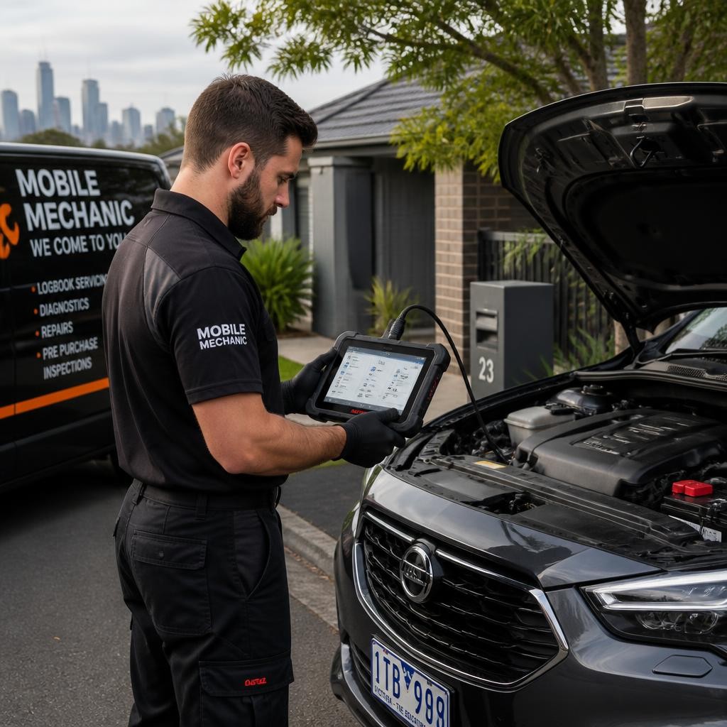 Mobile mechanic performing vehicle diagnostics onsite
