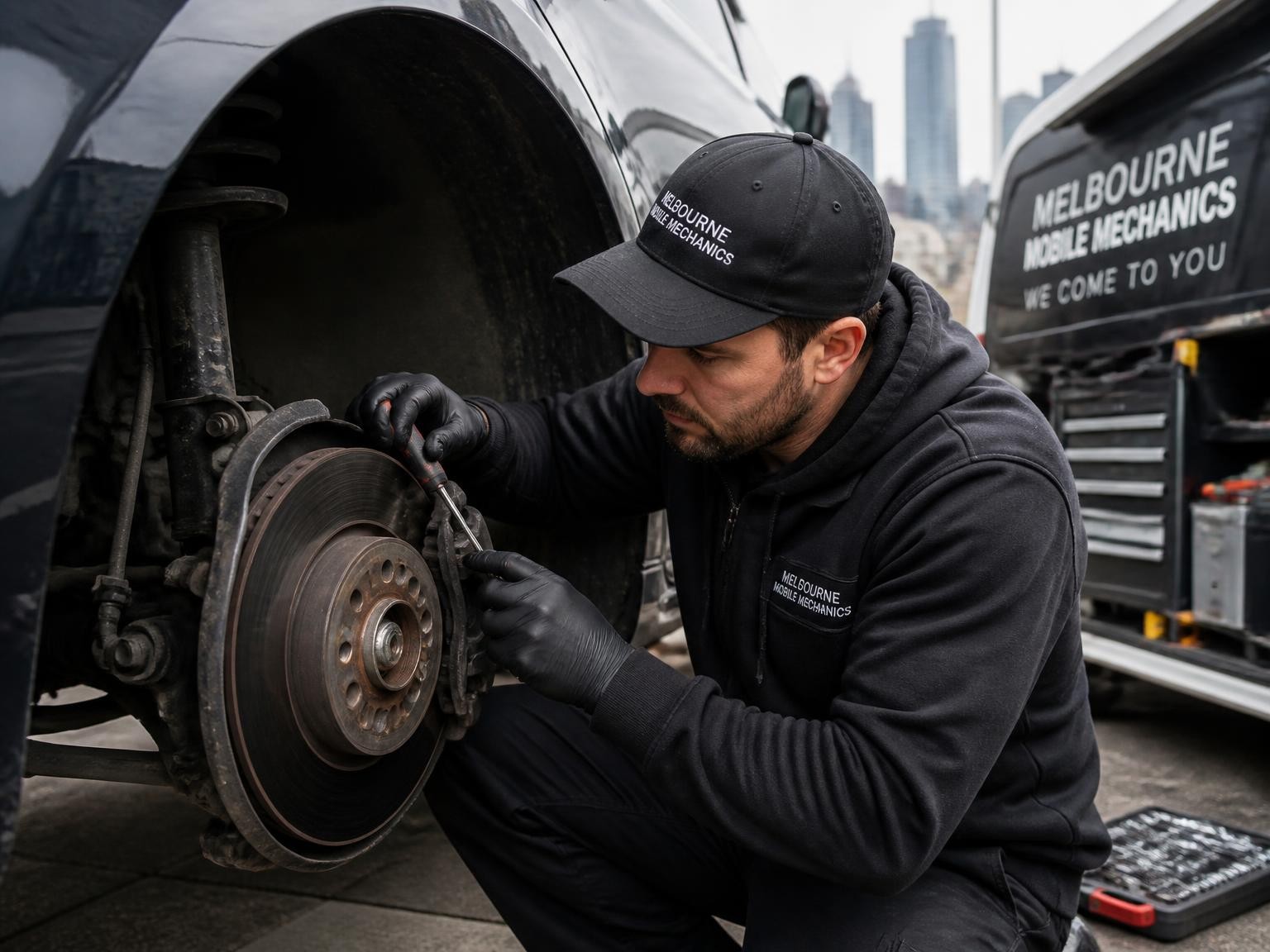 Mechanic inspecting vehicle components during an onsite car repair check