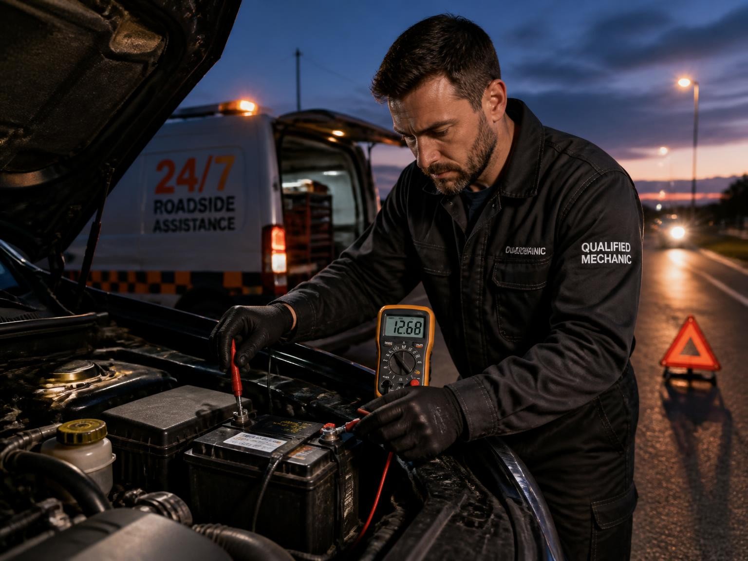Mobile mechanic testing a vehicle battery during an after-hours callout