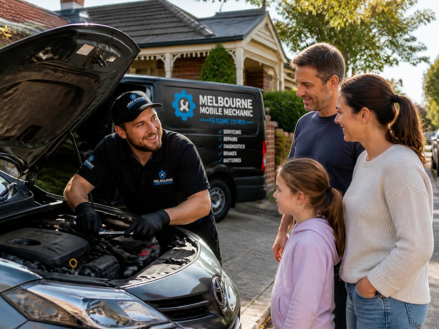 Mobile mechanic repairing a car outside a Melbourne home