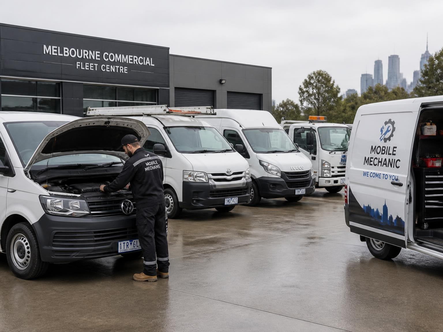 Commercial fleet vehicles ready for mobile mechanic servicing