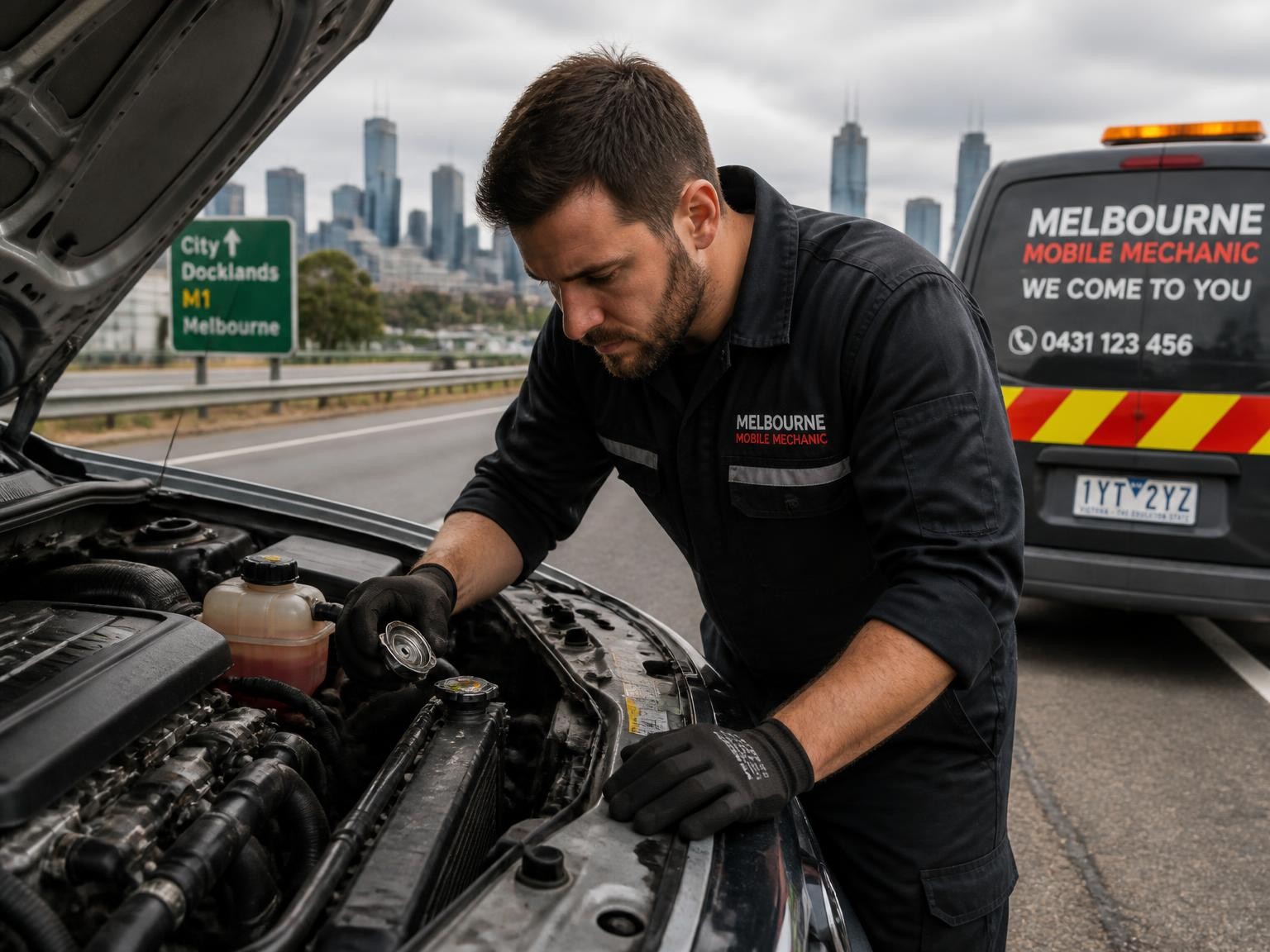 Mobile mechanic inspecting a vehicle cooling system