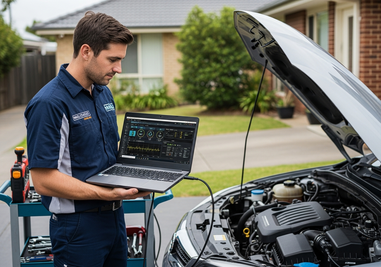 Mobile mechanic inspecting engine