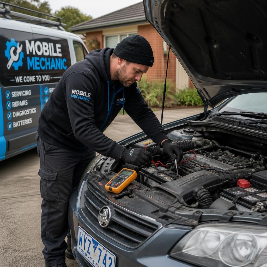 Mobile mechanic inspecting an older vehicle electrical system