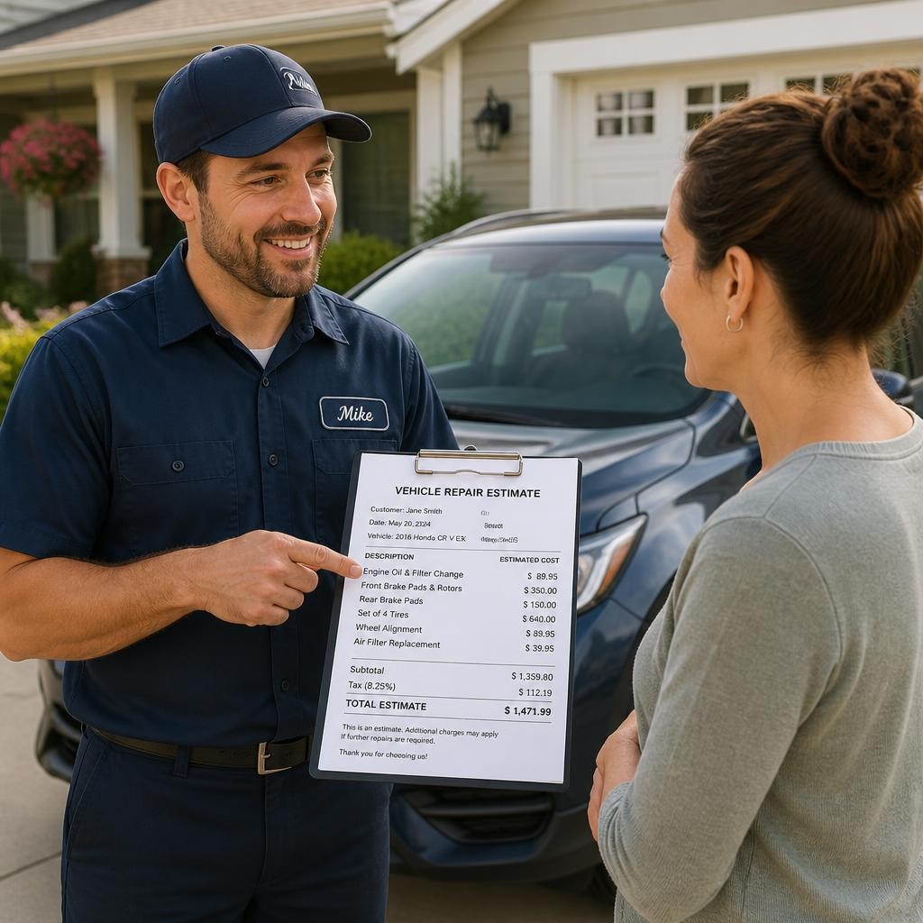 Mechanic showing a customer an itemised car repair quote