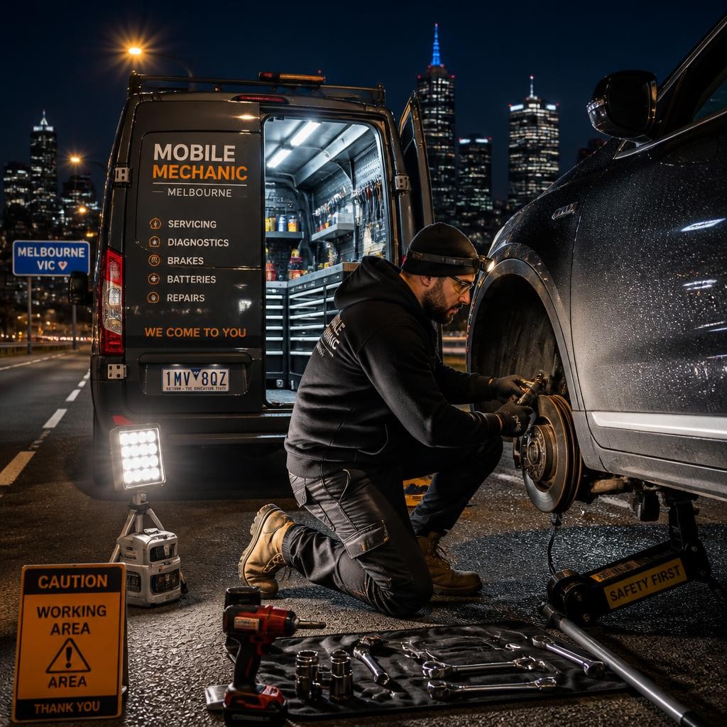 Mechanic providing safe night-time roadside assistance