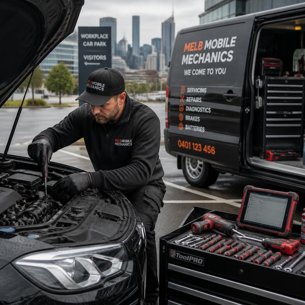 Qualified mobile mechanic servicing a car onsite in Melbourne