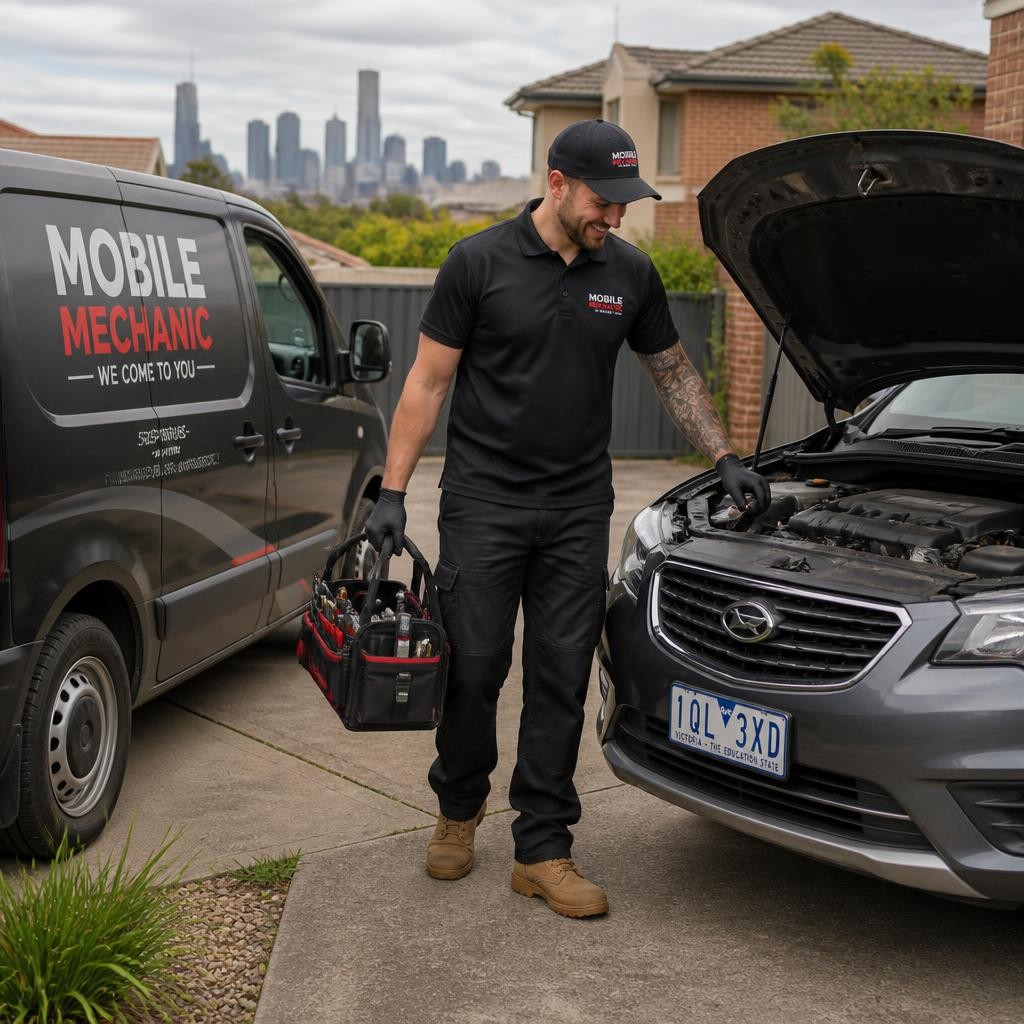 Mobile mechanic working on a car at a customer's home