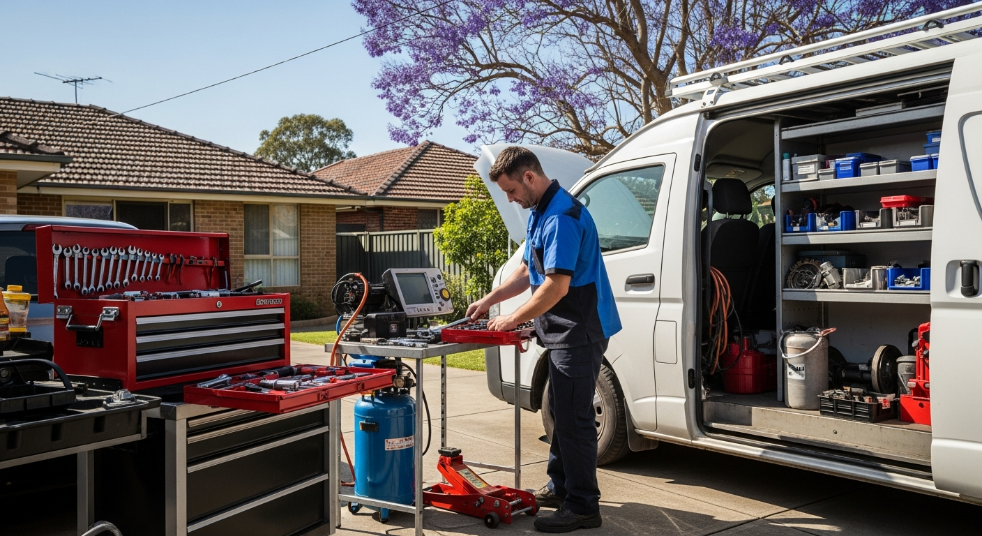 Mobile mechanic van in Melbourne driveway