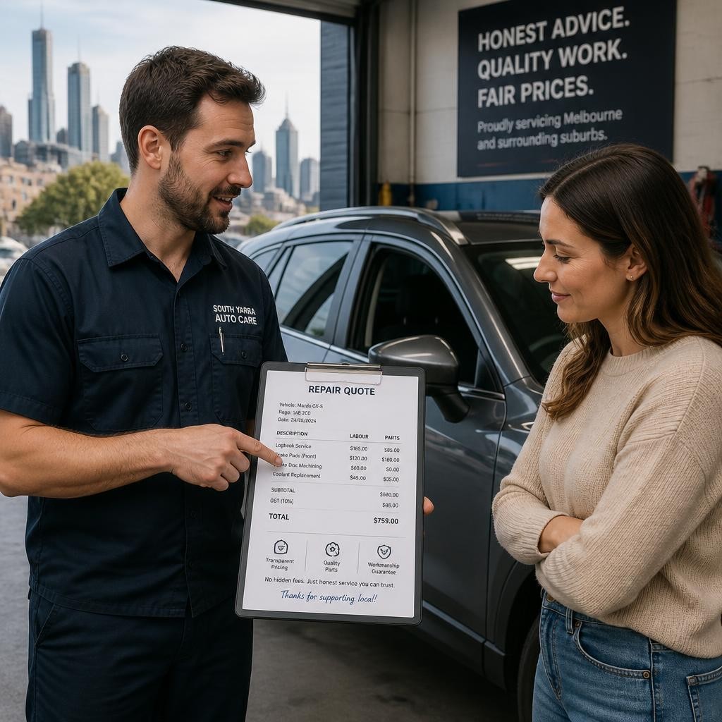 Mechanic explaining upfront mobile auto repair pricing