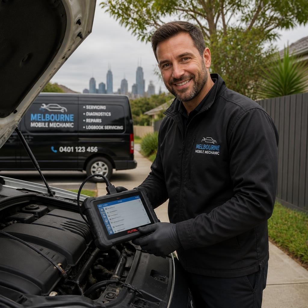 Qualified mobile mechanic diagnosing a car at a Melbourne property