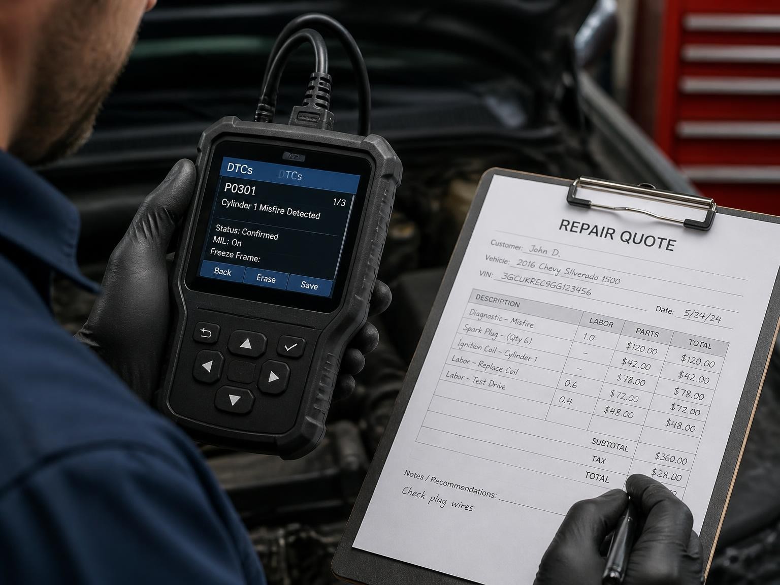 Mobile mechanic using diagnostic equipment for car work
