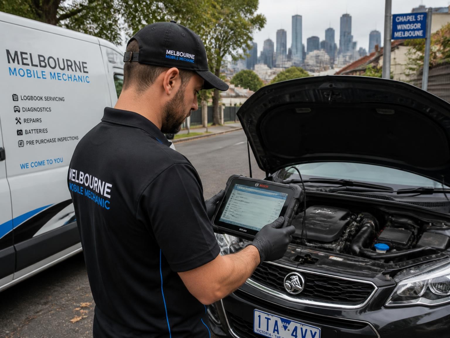 Mobile auto mechanic performing vehicle diagnostics