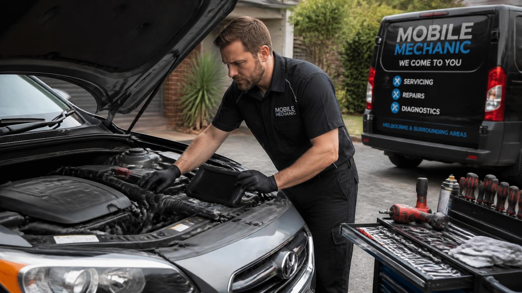 Mobile mechanic fixing a car at a Melbourne home