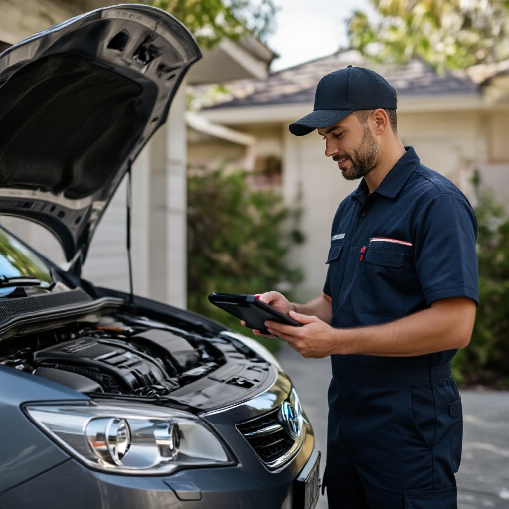 mobile mechanic using diagnostic tablet