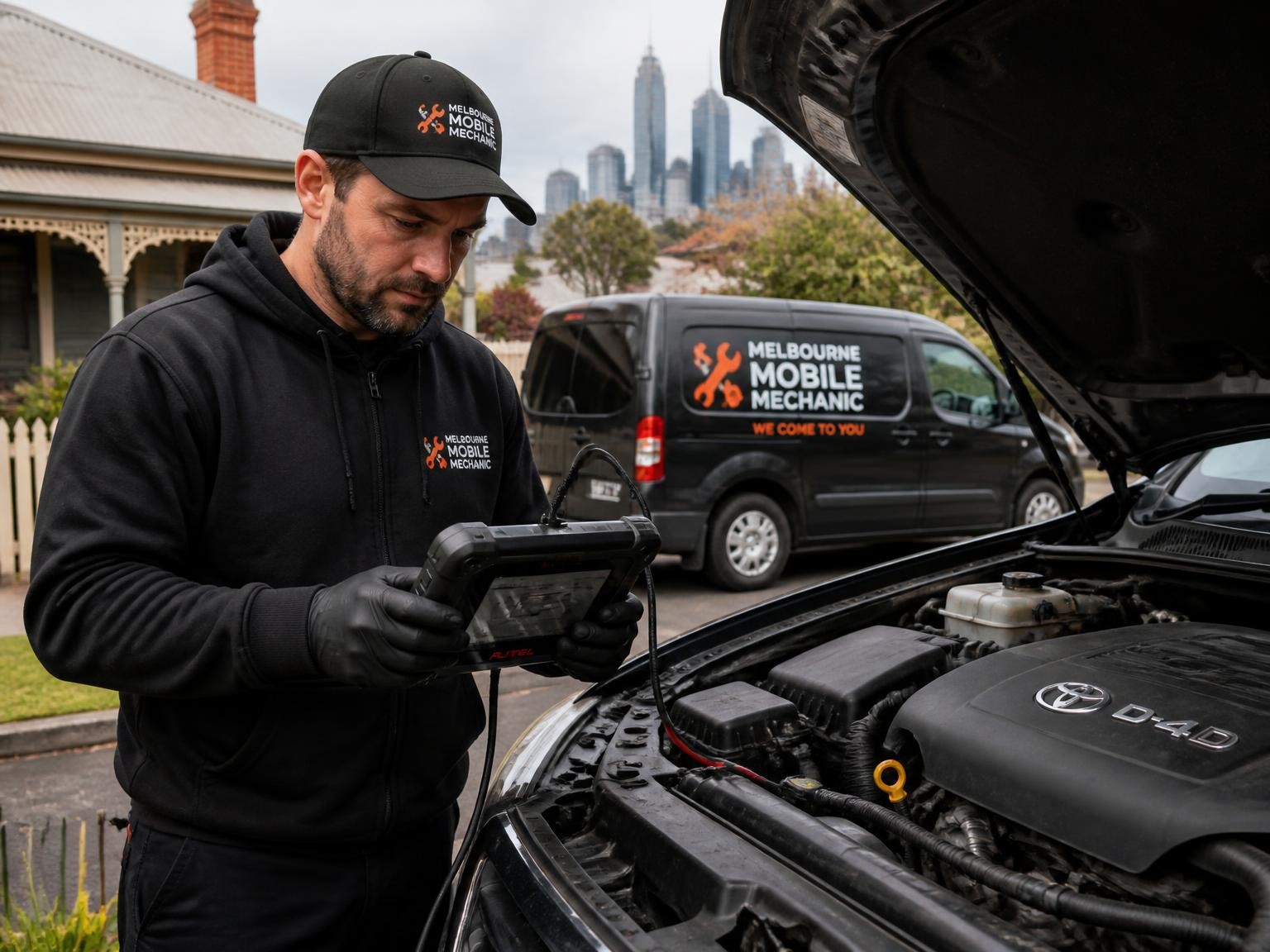 Auto mechanic performing car diagnostics at home
