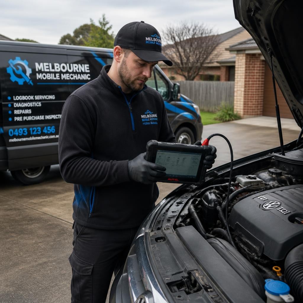 Mobile mechanic performing onsite vehicle diagnostics