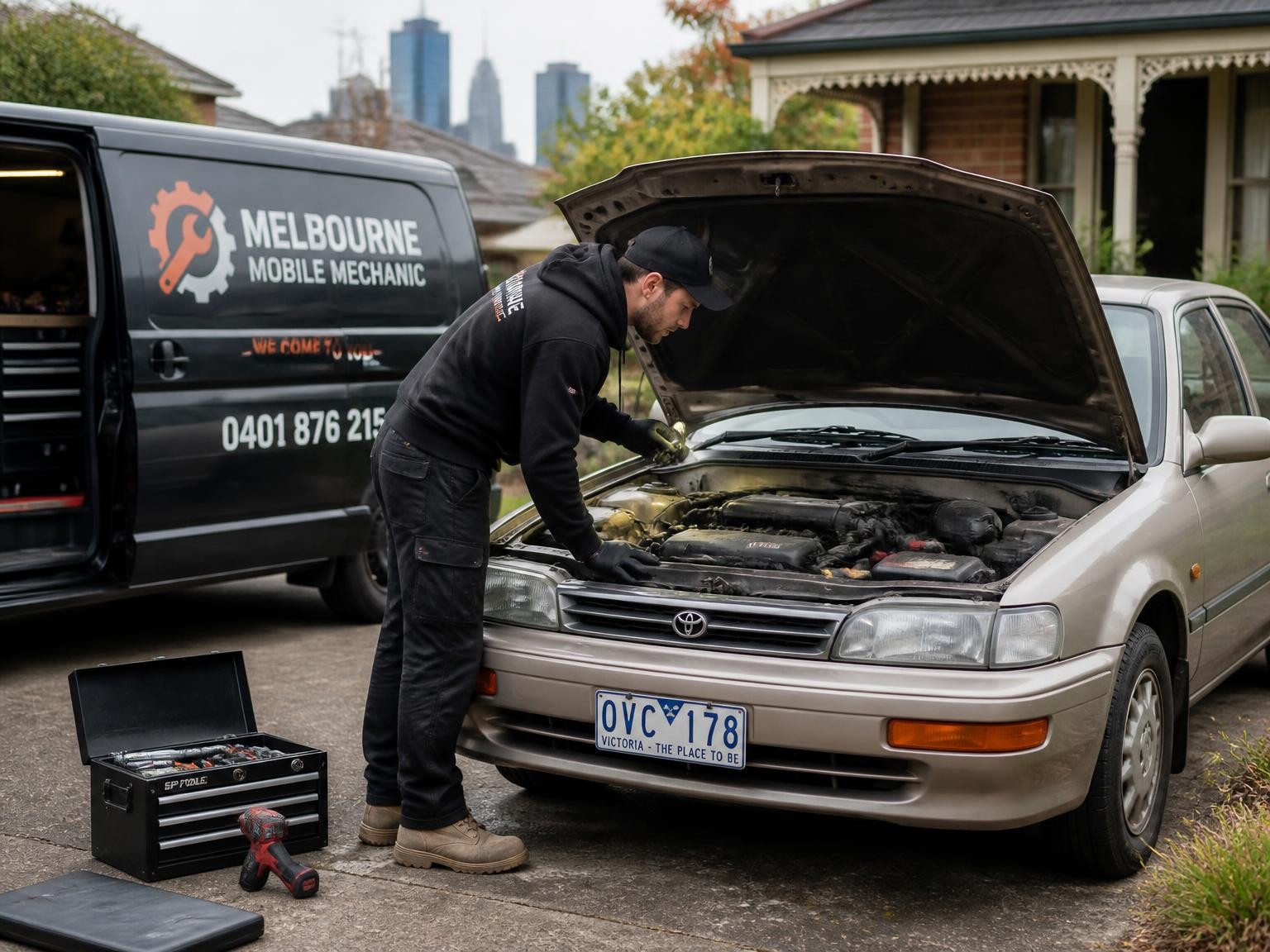 Mobile mechanic inspecting an older sedan at home