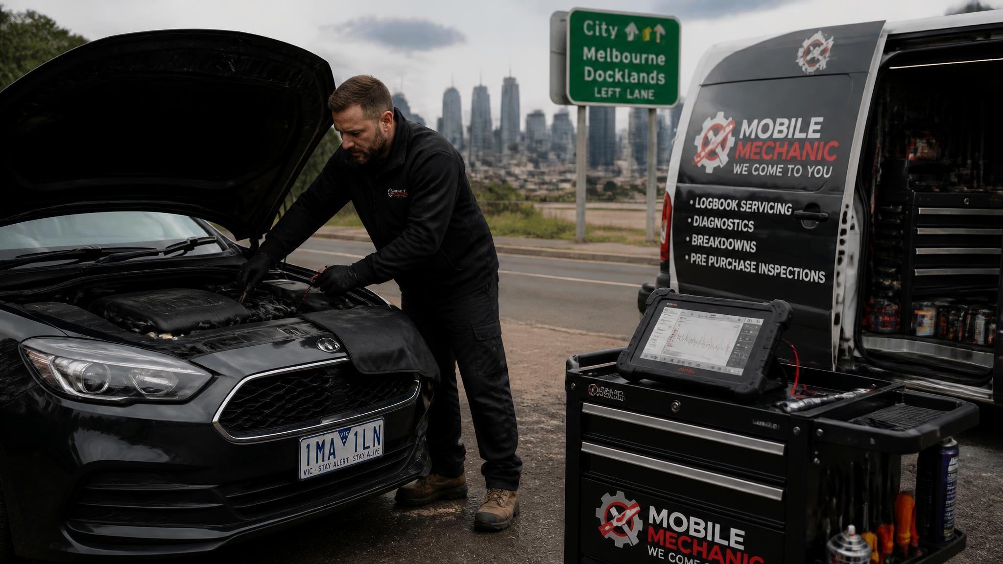Mobile mechanic helping fix a car in Melbourne