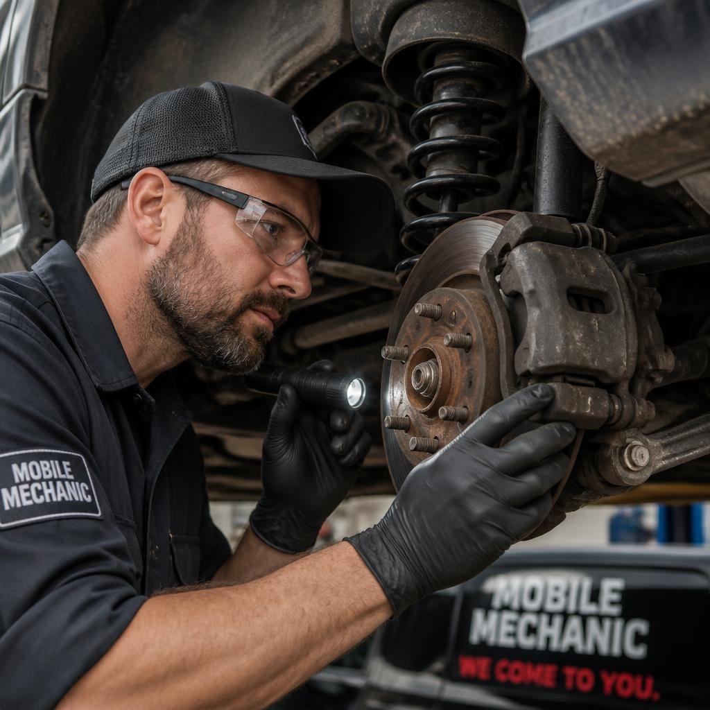 Mobile mechanic inspecting brakes and suspension