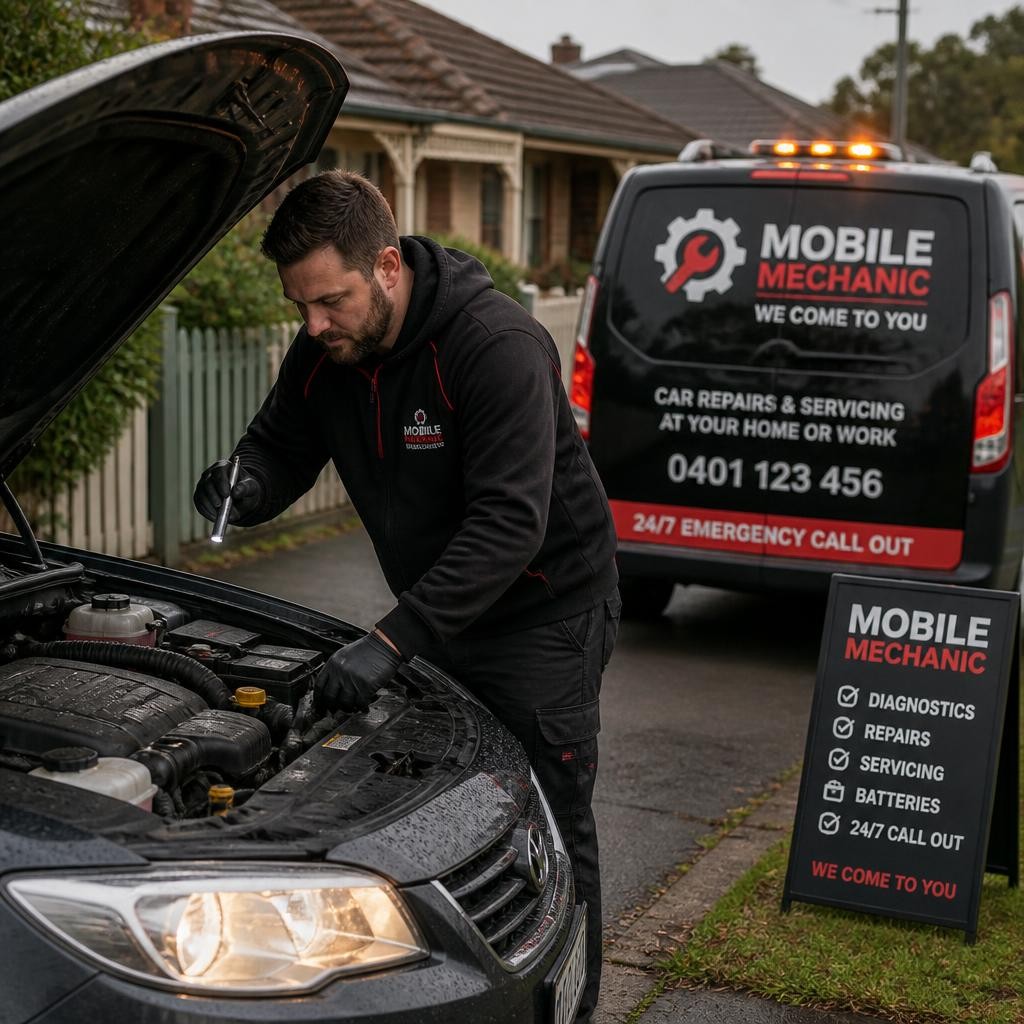 Qualified mobile mechanic inspecting a car at a Melbourne home