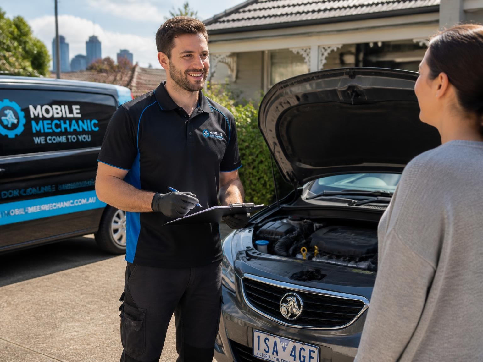 Mechanic inspecting a car at a Melbourne customer location