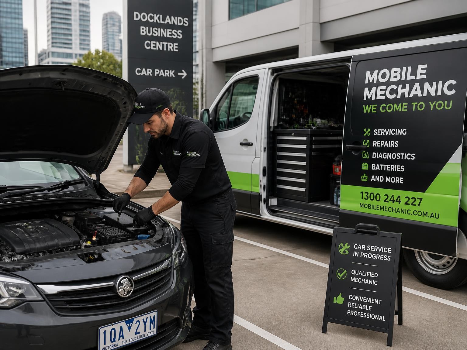 Mechanic servicing a vehicle onsite at a workplace