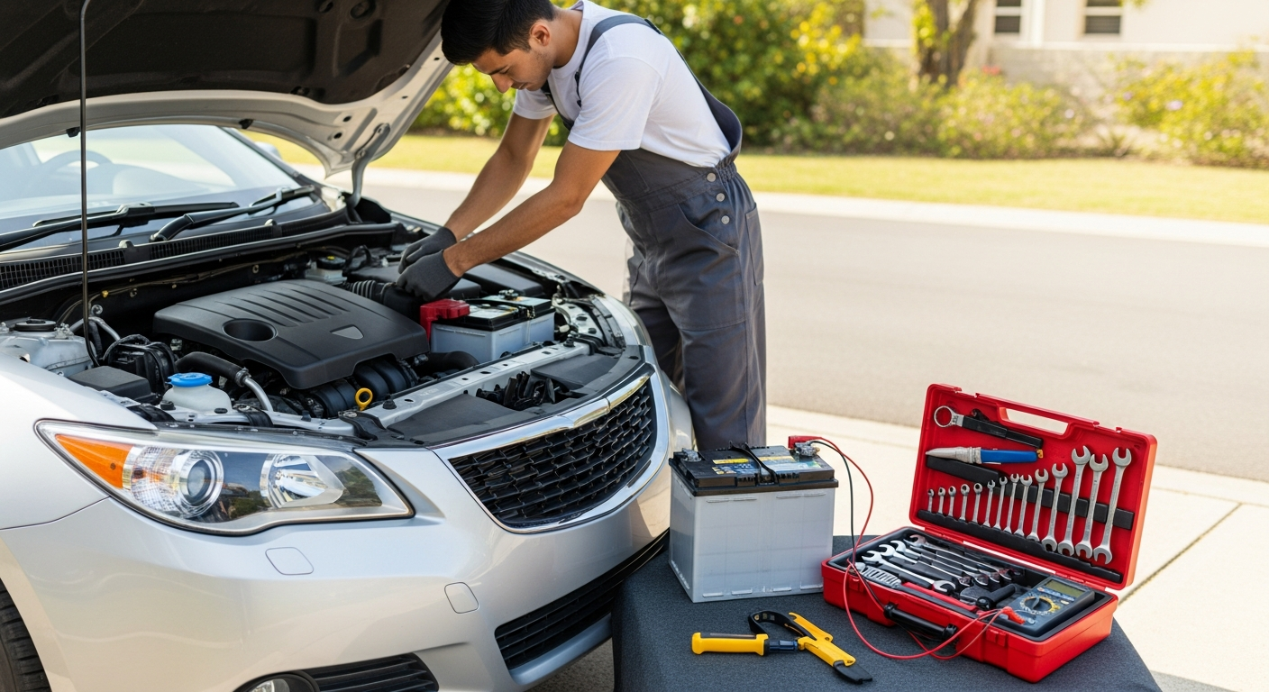 Mobile mechanic replacing battery
