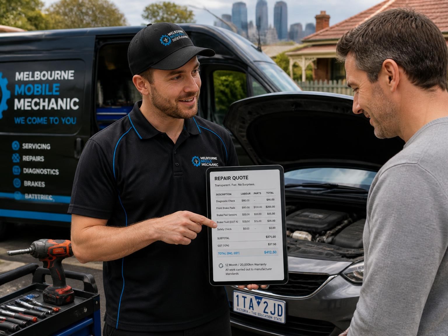 Mechanic explaining transparent mobile auto repair pricing