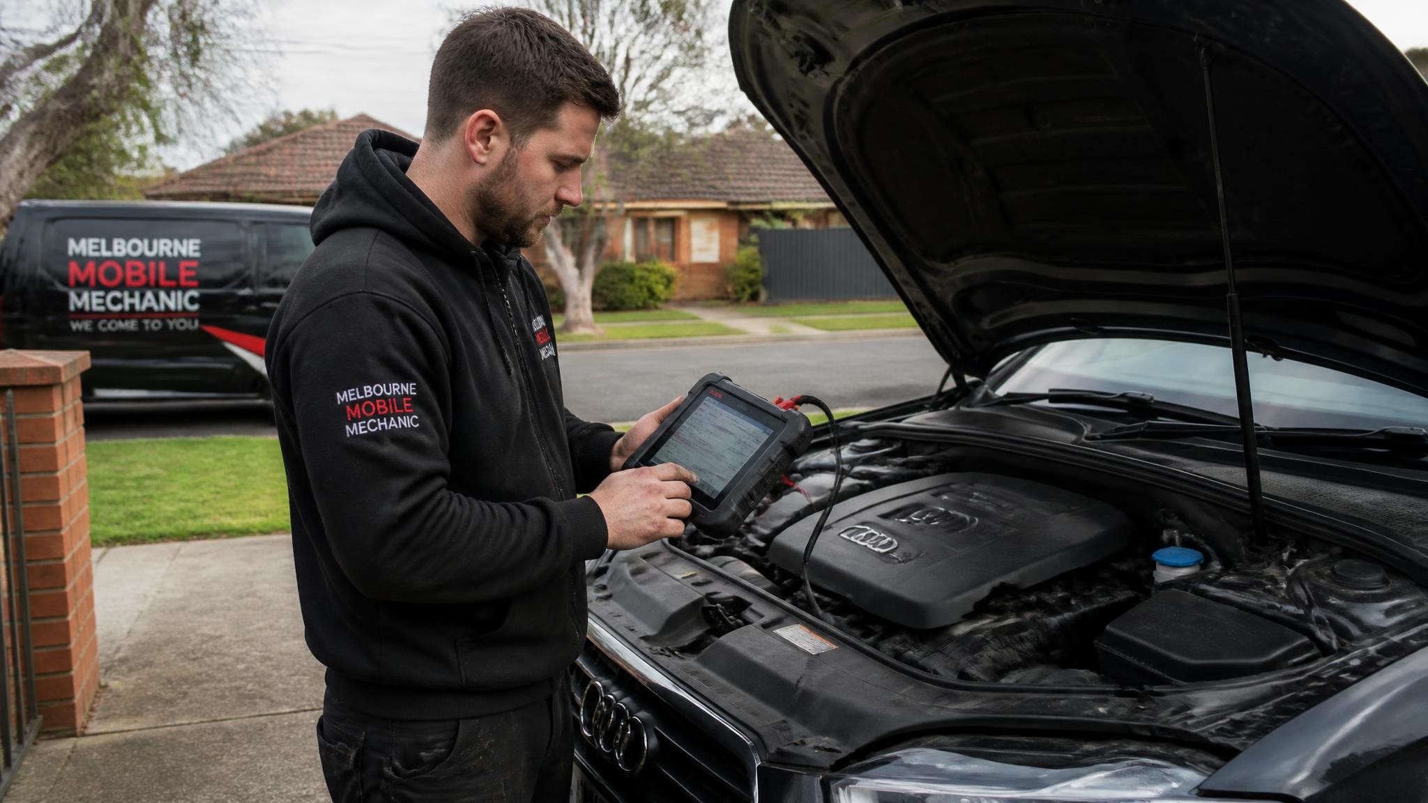 Mobile mechanic checking a car diagnostic system in Melbourne