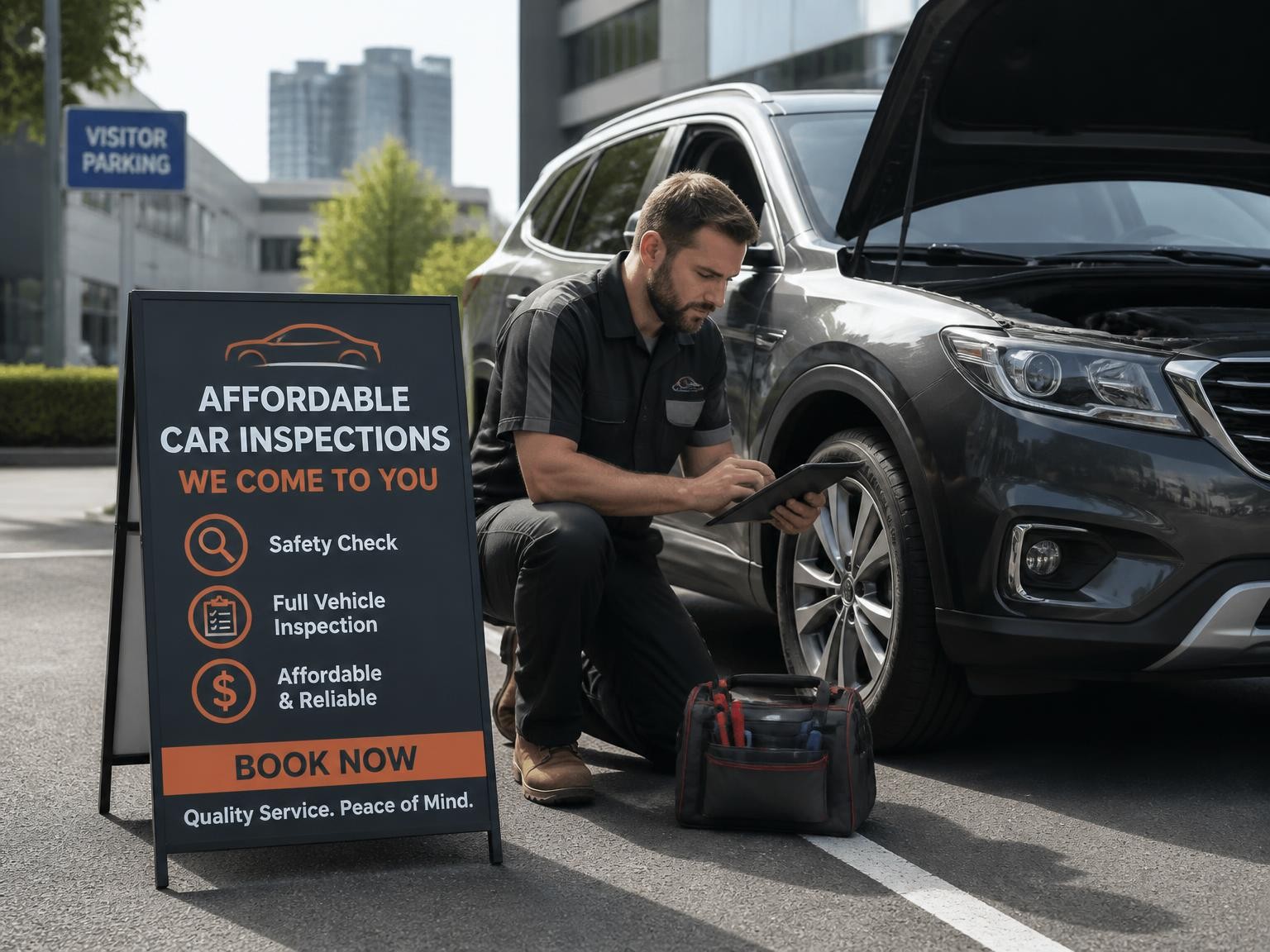 Mechanic inspecting a car onsite at a Melbourne workplace
