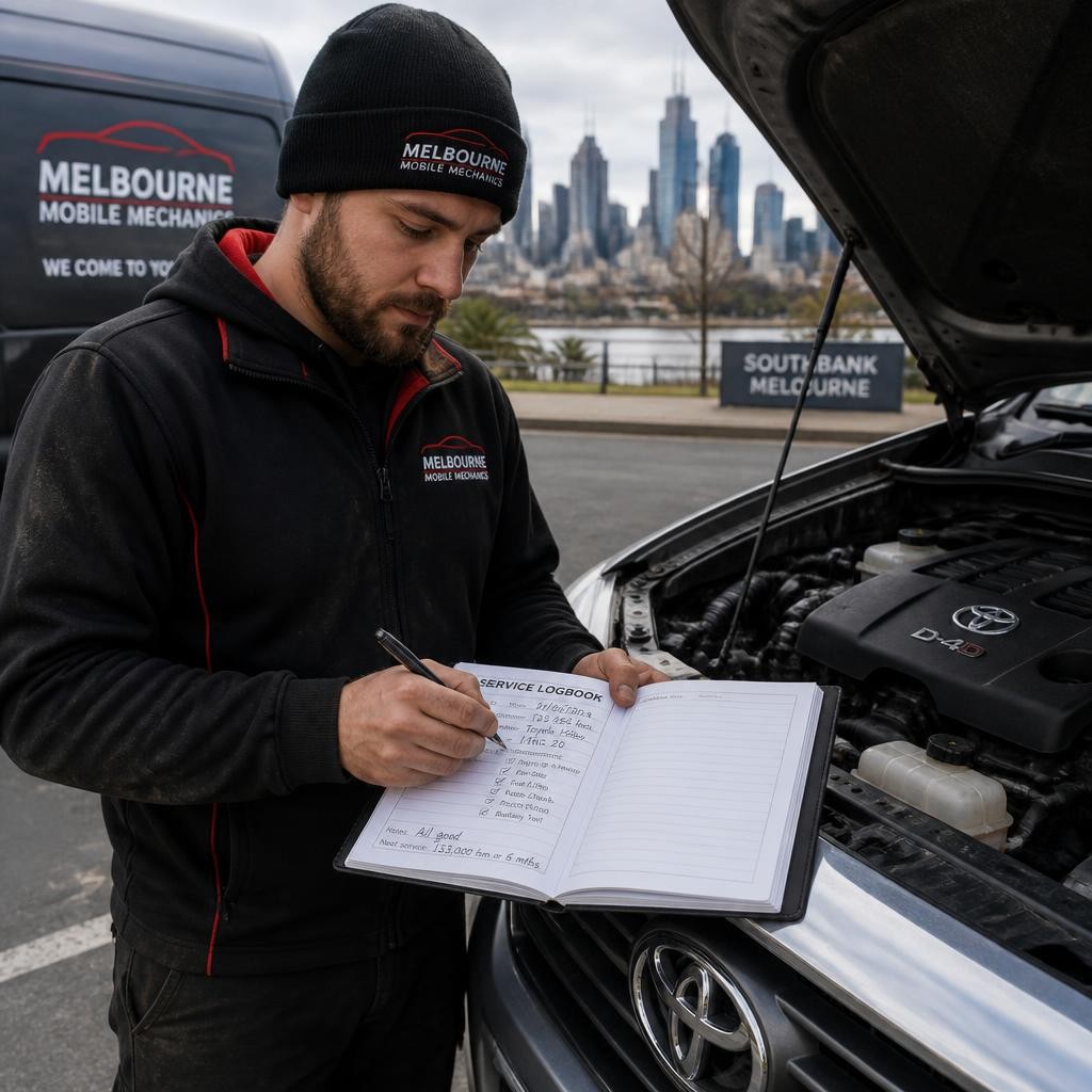 Logbook servicing performed by a mobile mechanic