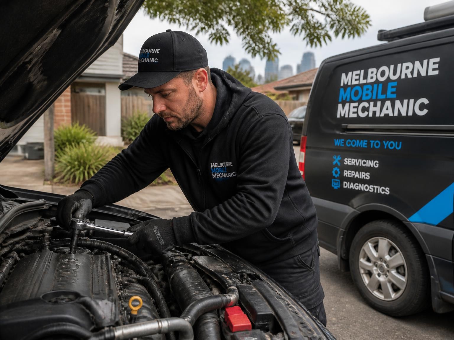Mechanic inspecting a vehicle engine during an onsite repair