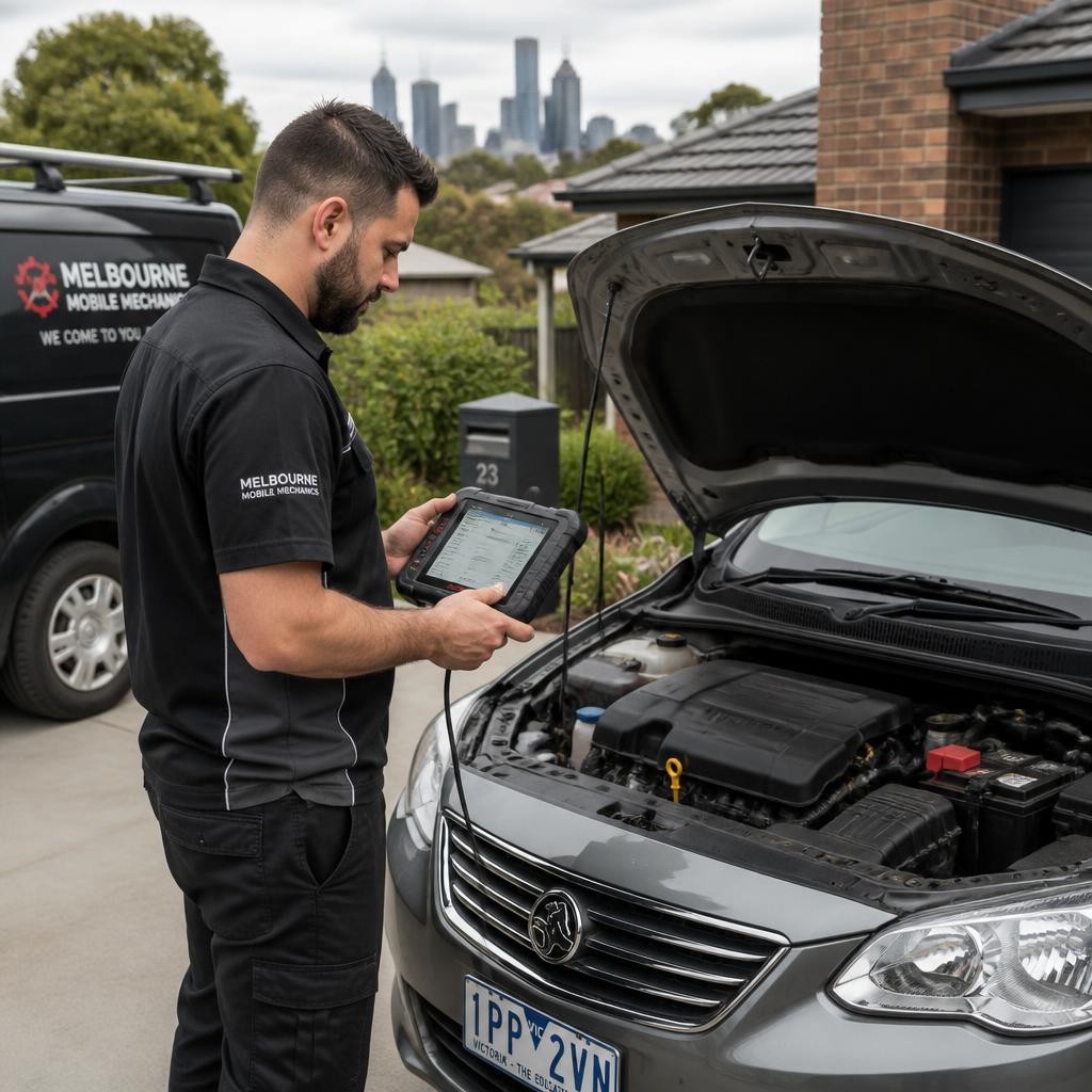 Mobile mechanic using diagnostic equipment on a car in Melbourne
