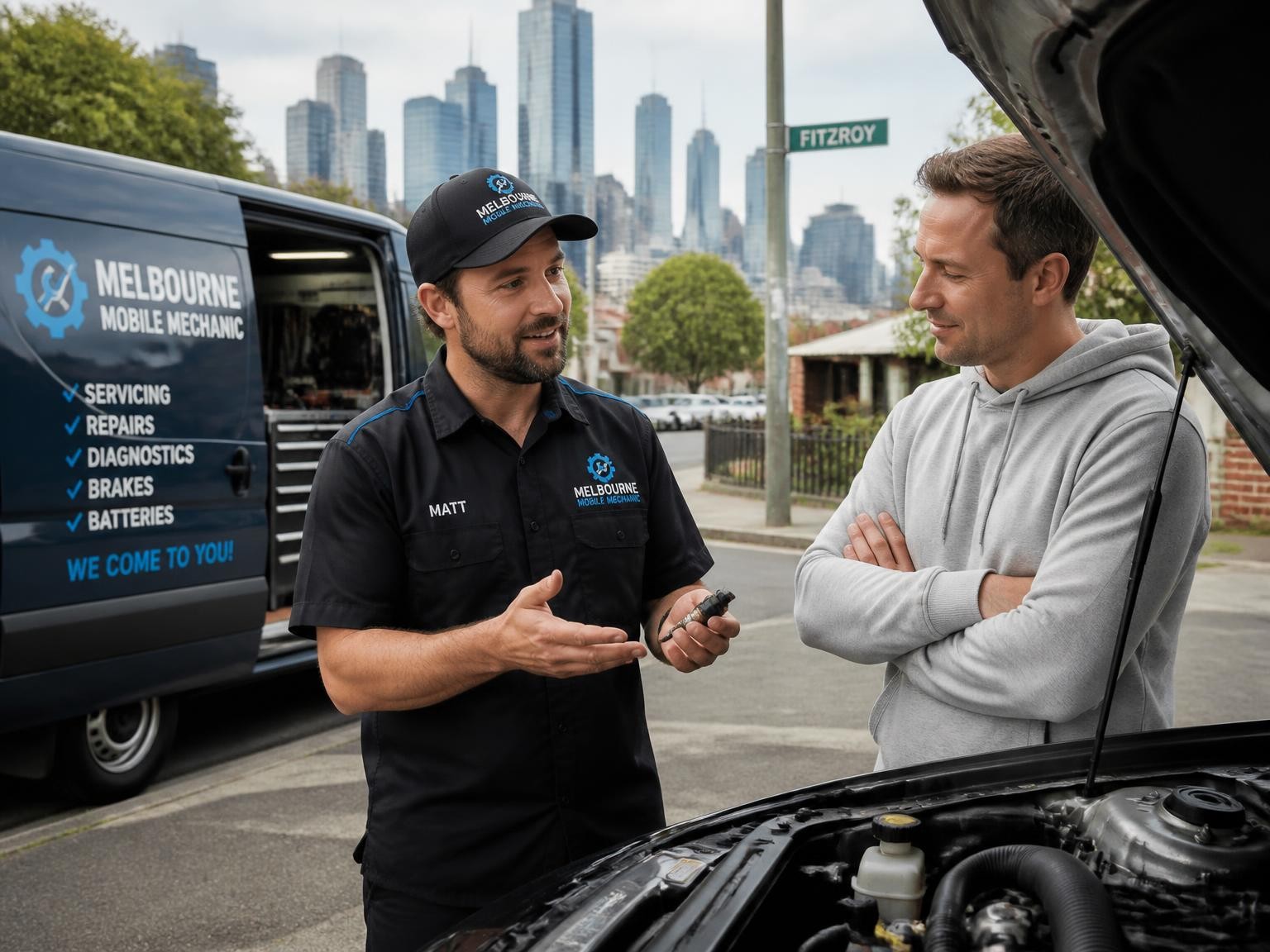 Mechanic explaining car repairs to a Melbourne customer