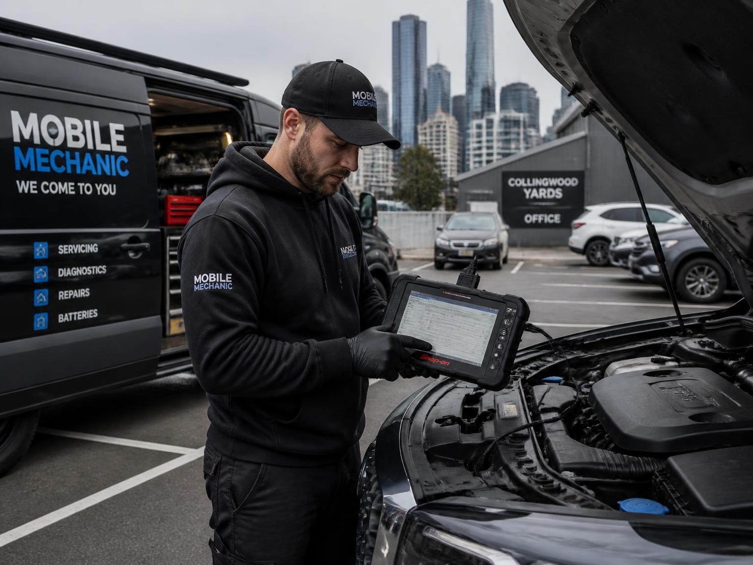 Mobile mechanic performing vehicle diagnostics near Melbourne