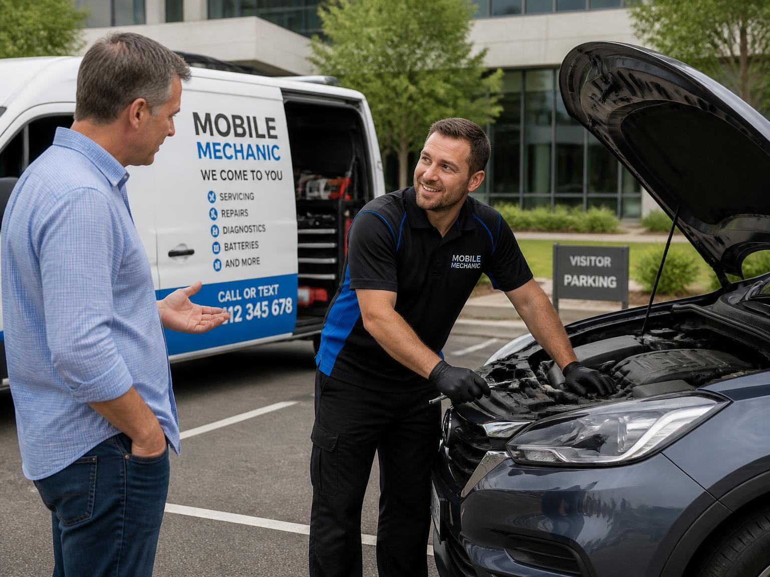 Mechanic repairing a car at the customers workplace in Melbourne
