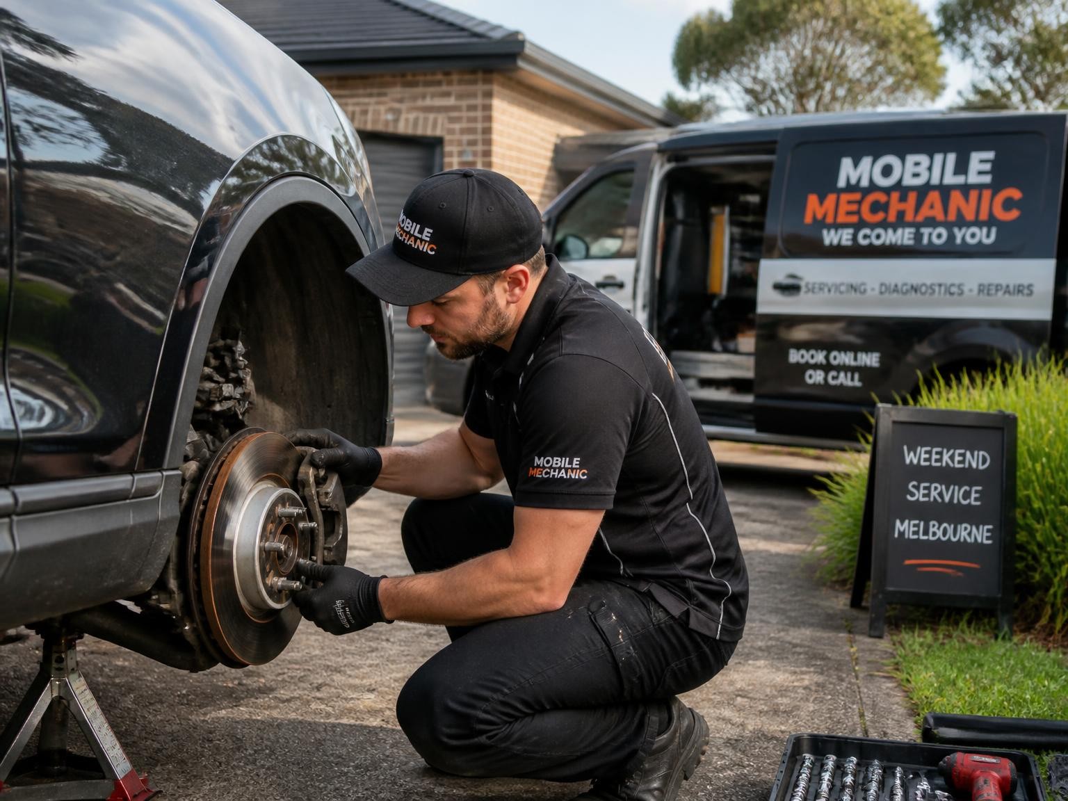 Mobile mechanic completing Sunday car repairs at a Melbourne home