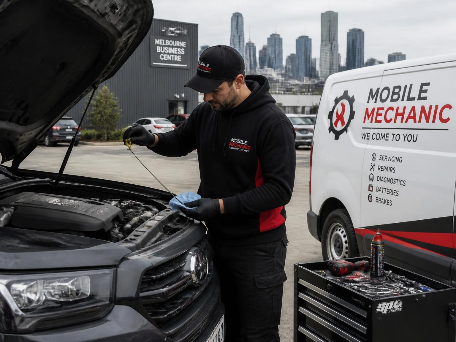 Mechanic completing mobile car maintenance at a workplace