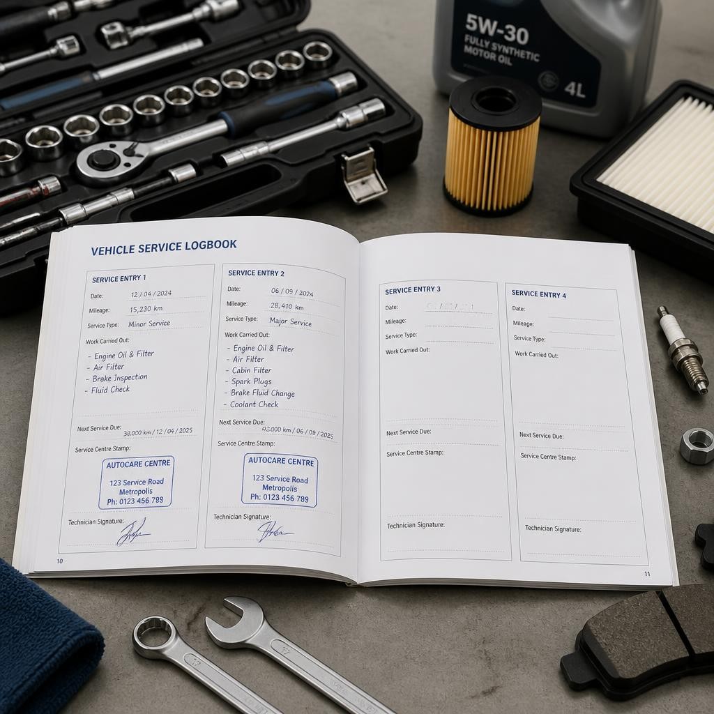 Vehicle logbook and car service equipment