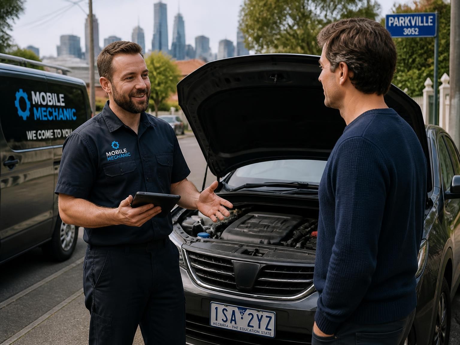 Mechanic explaining car repairs to a customer