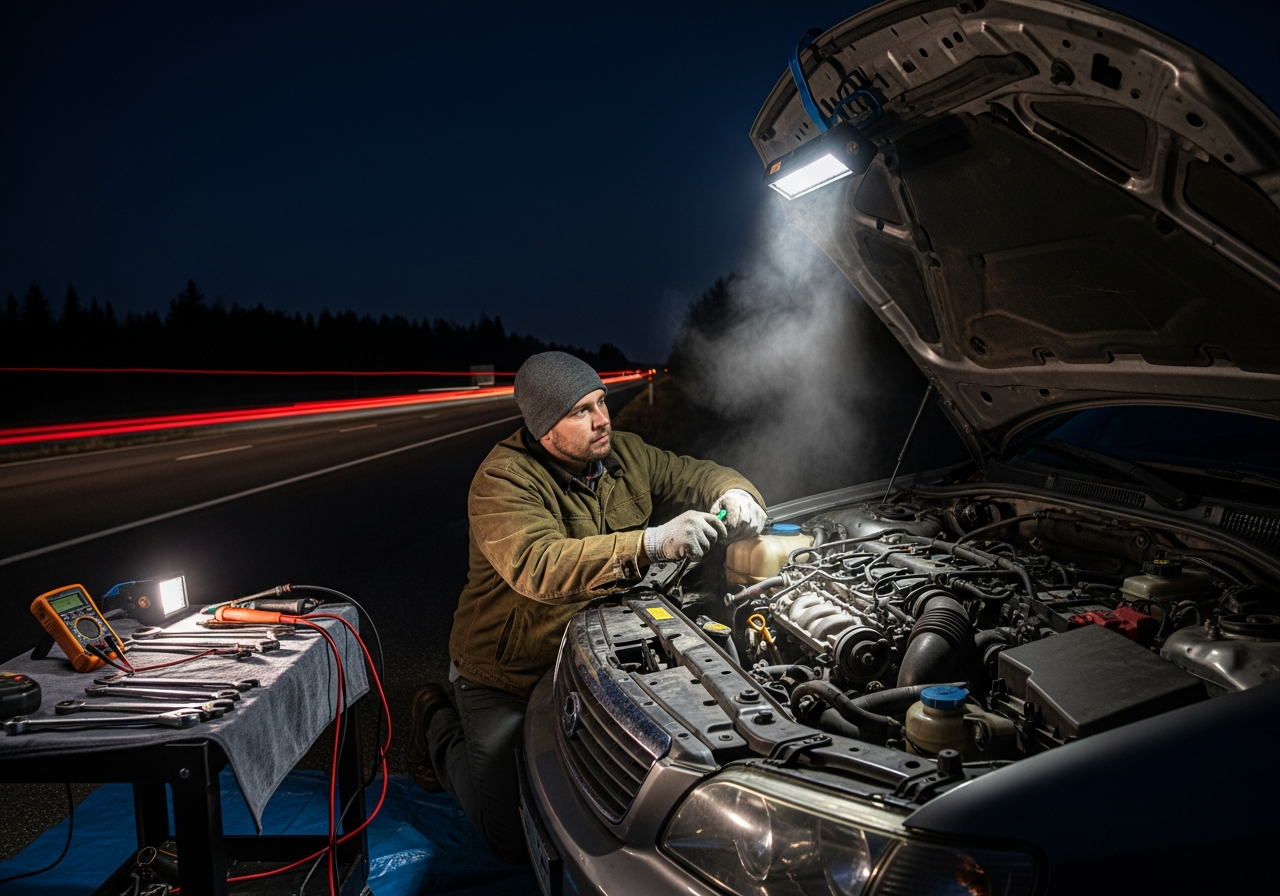 Nighttime roadside mechanic