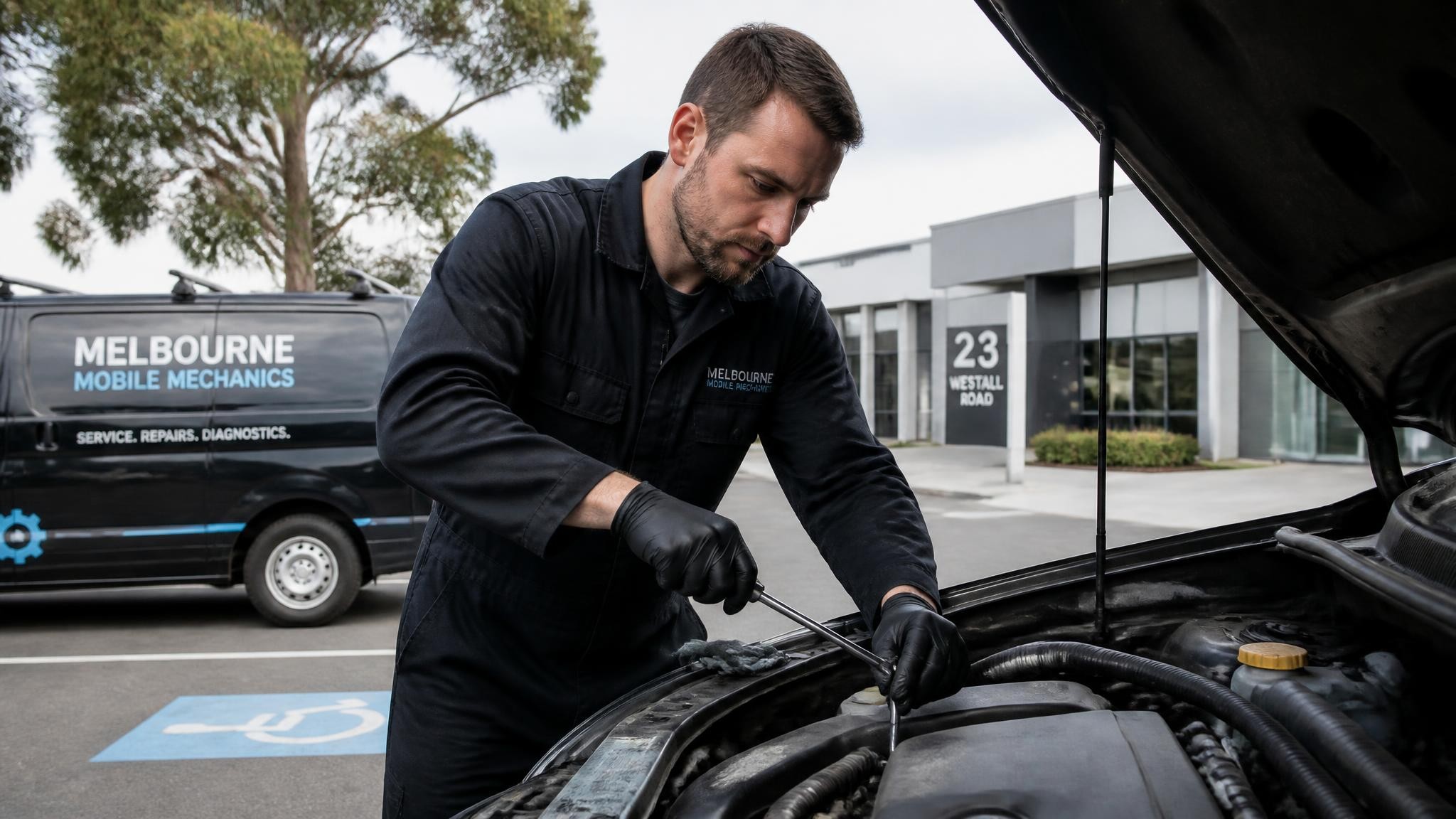 Onsite mechanic servicing a car in a Melbourne suburb
