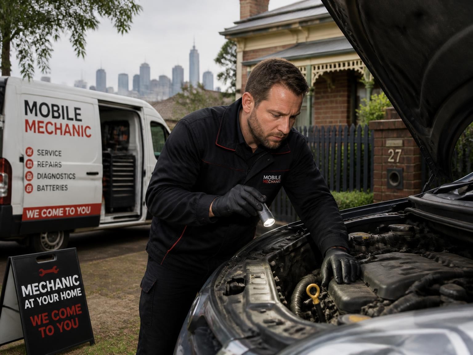 Mobile mechanic inspecting a vehicle engine onsite
