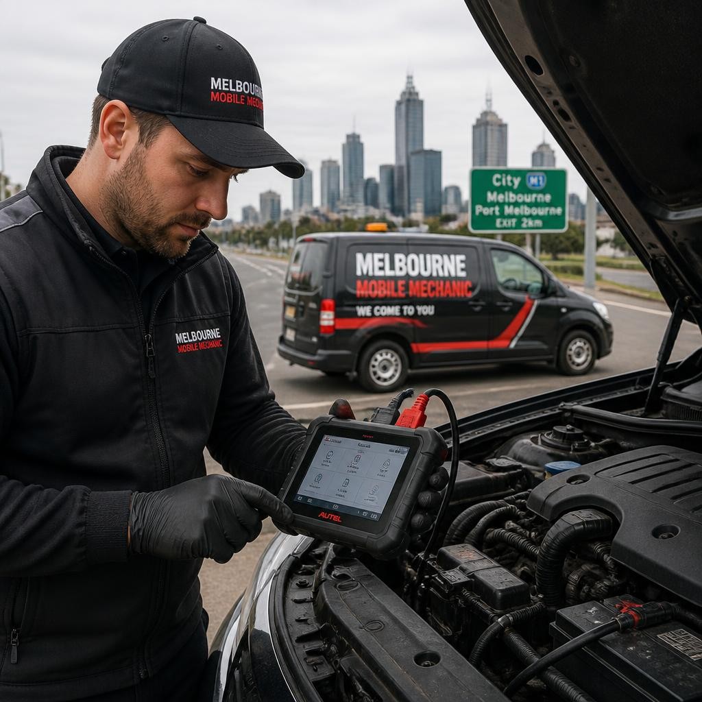 Mobile mechanic diagnosing a vehicle fault onsite