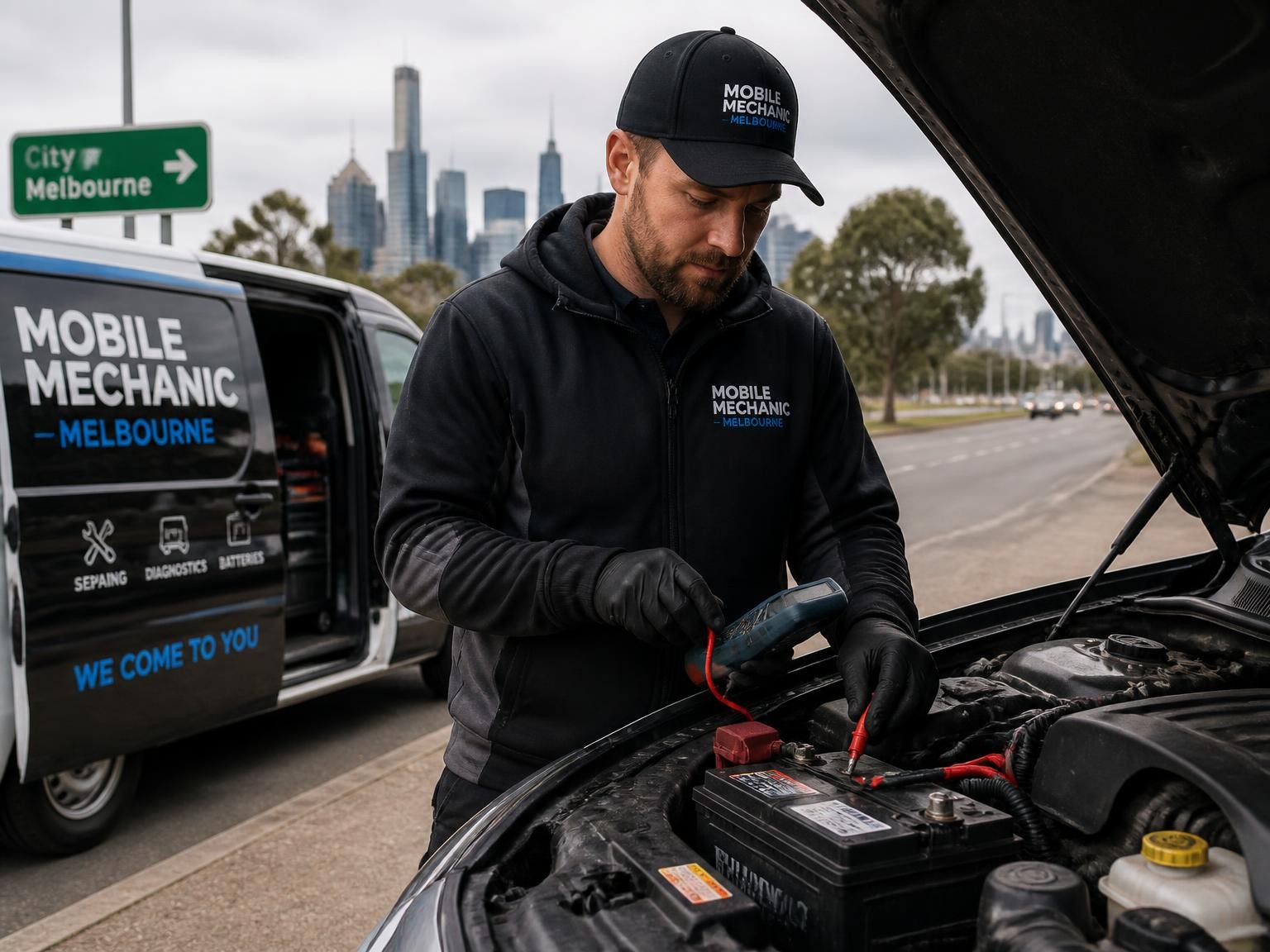 Mobile mechanic testing a car battery in Melbourne