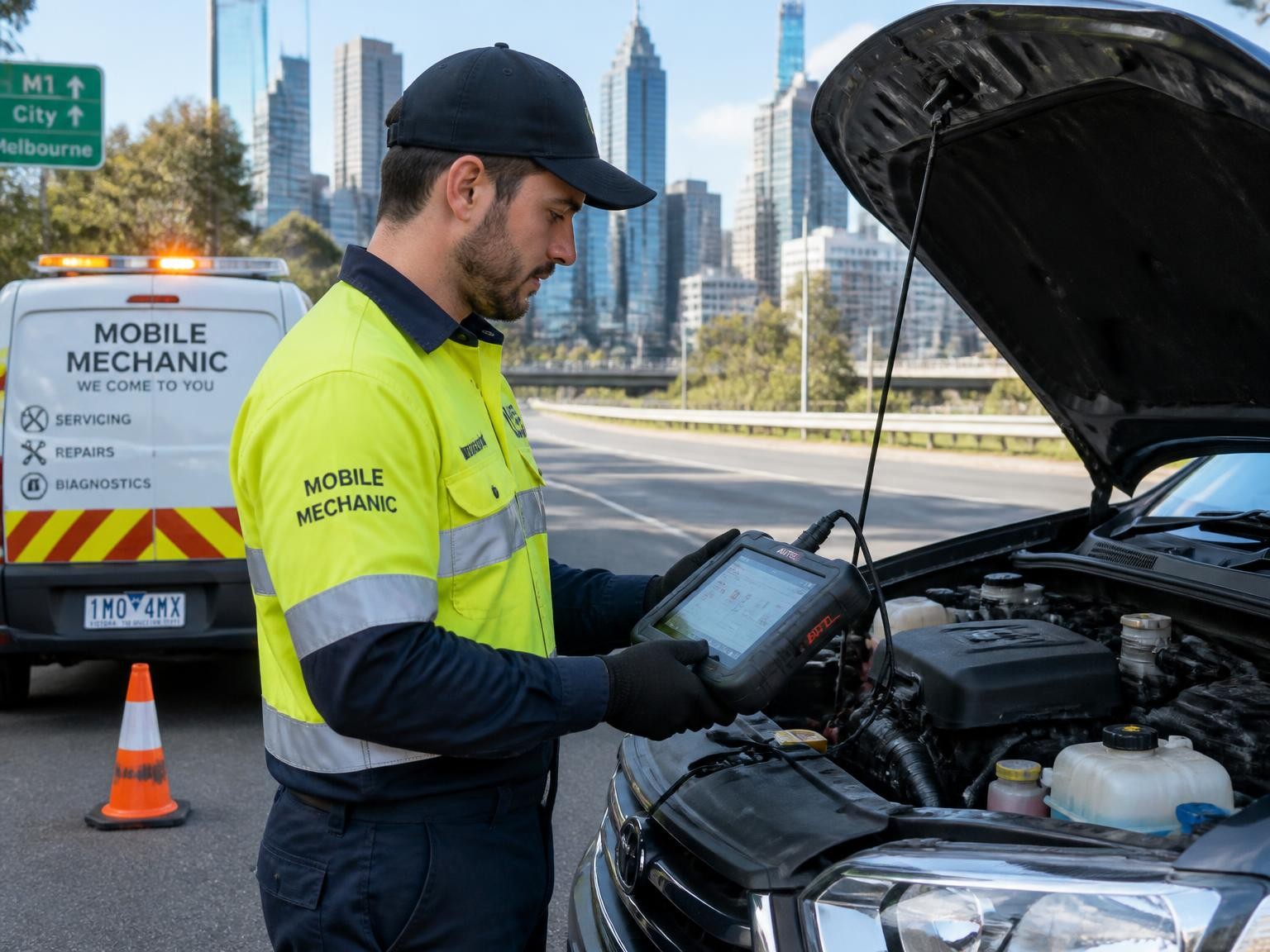 Mobile mechanic using diagnostic equipment during a roadside inspection