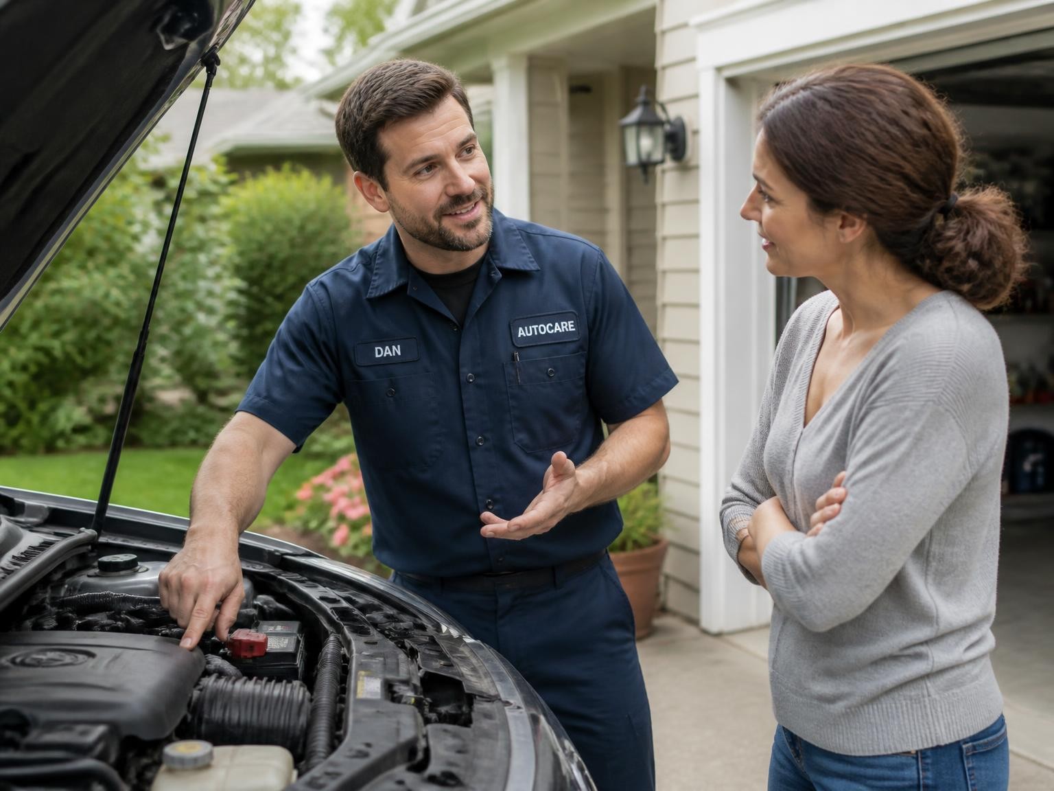 Mechanic explaining affordable car repair options to a customer