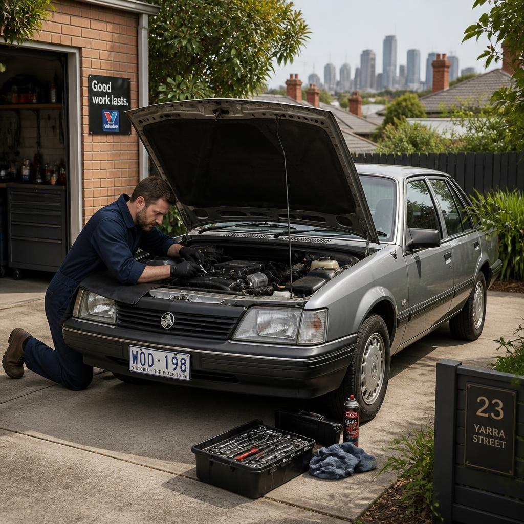Mechanic servicing an older car at a Melbourne home