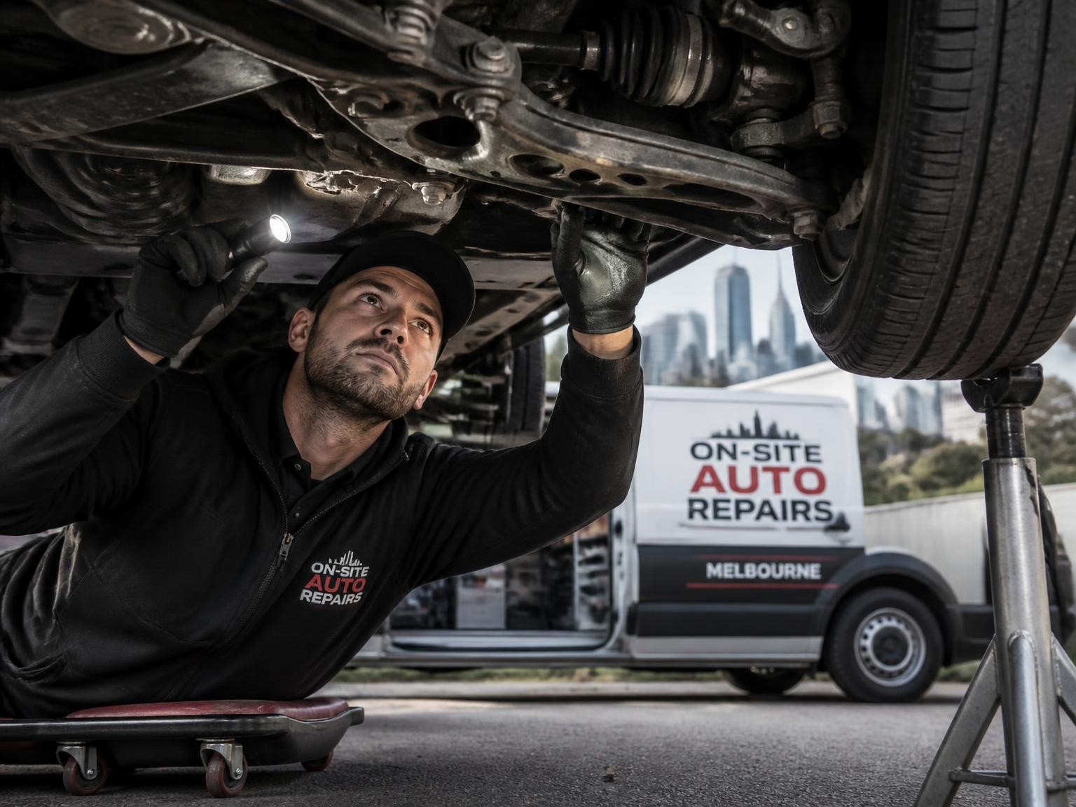 Mobile mechanic inspecting vehicle suspension during a repair